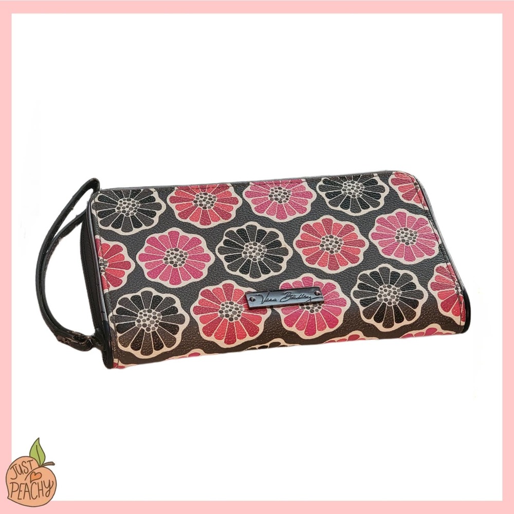 VERA Bradley Large Zipper Wristlet Wallet with ID Window Gray Floral